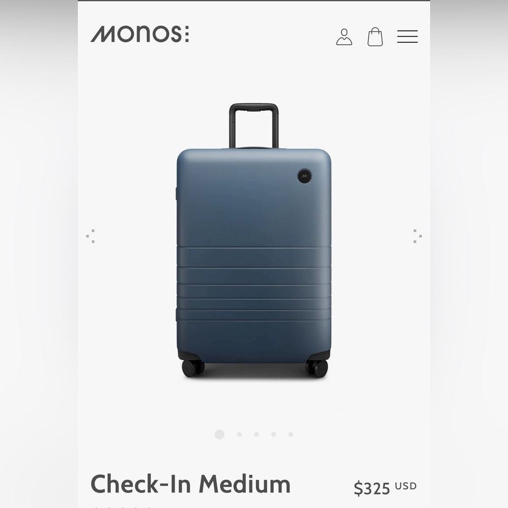 Monos Luggage Check-In Medium Spinner Suitcase in Ocean Blue. New without box.